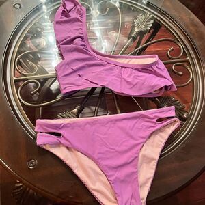 Gianni Bini Purple Ruffle One-Shoulder Bikini Set